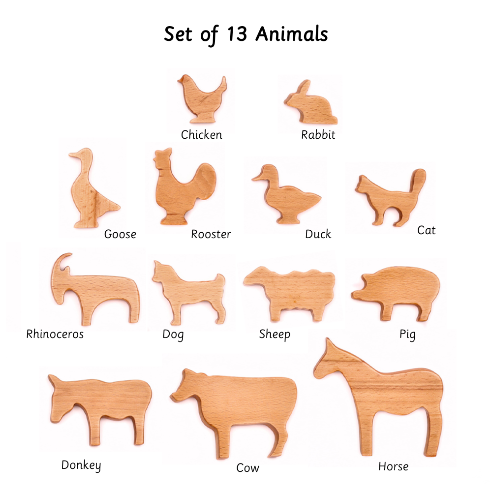 Wooden Farm Animals (Set of 13)  includes 13 wooden animal figures made from smooth, child-safe wood for tactile and imaginative play.