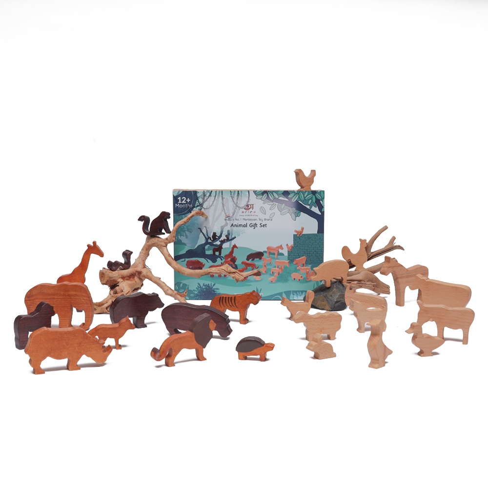 
Wooden Animal Gift Set A handcrafted collection of various wooden animal figures and natural elements Perfect for imaginative play and learning for children aged 12+ months.
