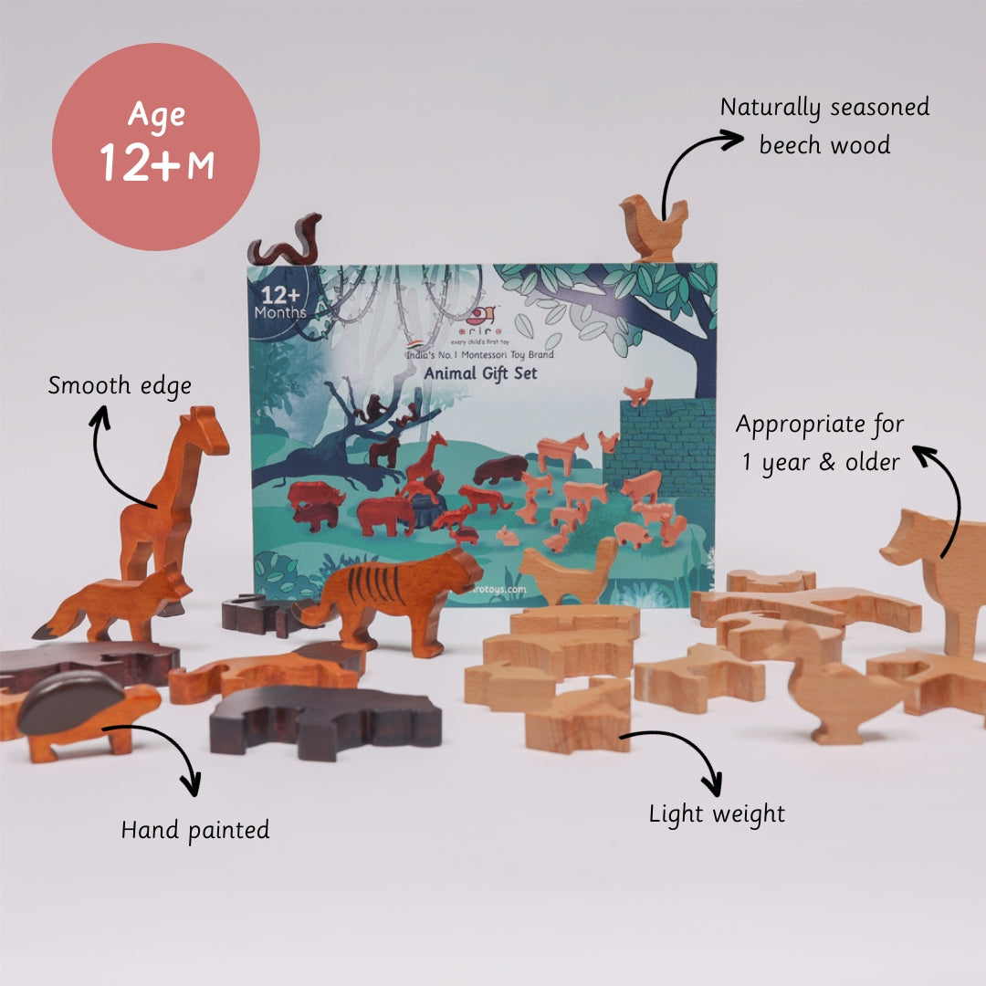 A handcrafted set of beech wood animal figures with smooth edges and hand-painted details, highlighting key features like being lightweight and appropriate for children 12+ months.