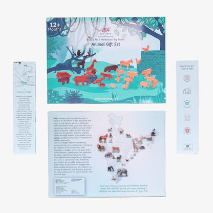  A complete gift set featuring a box with 12 wild and 13 farm animal figures and a booklet detailing the origins and benefits of the toys, highlighting that it is "Artisan Made" and "Appropriate for 1 year & Older.