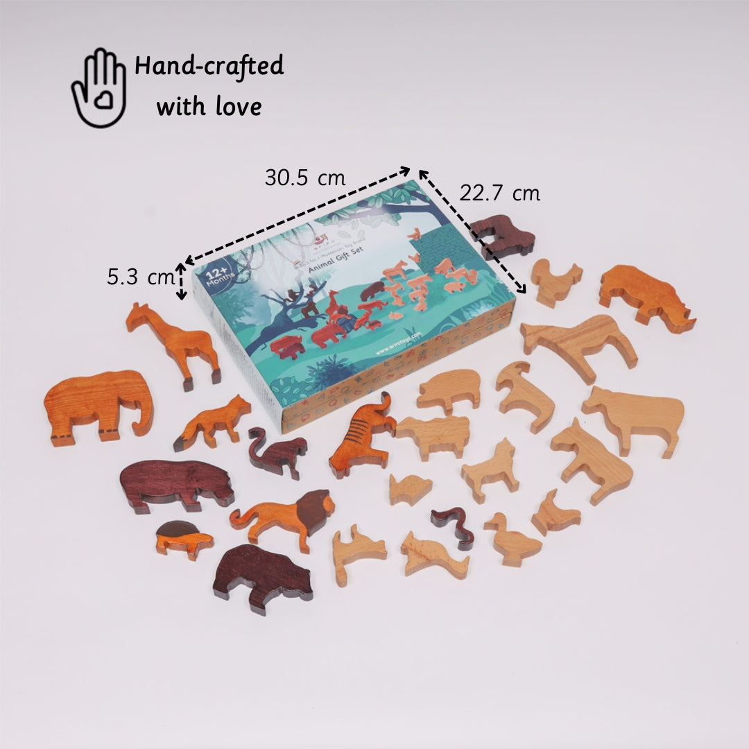 A beautifully packaged 25-unit set of handcrafted wooden wild and farm animals with an informational booklet, highlighting the product's dimensions and age appropriateness for children 12+ months