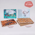 A 25-unit set of handcrafted wooden wild and farm animal figures, packaged with an informational booklet and ideal for imaginative play.