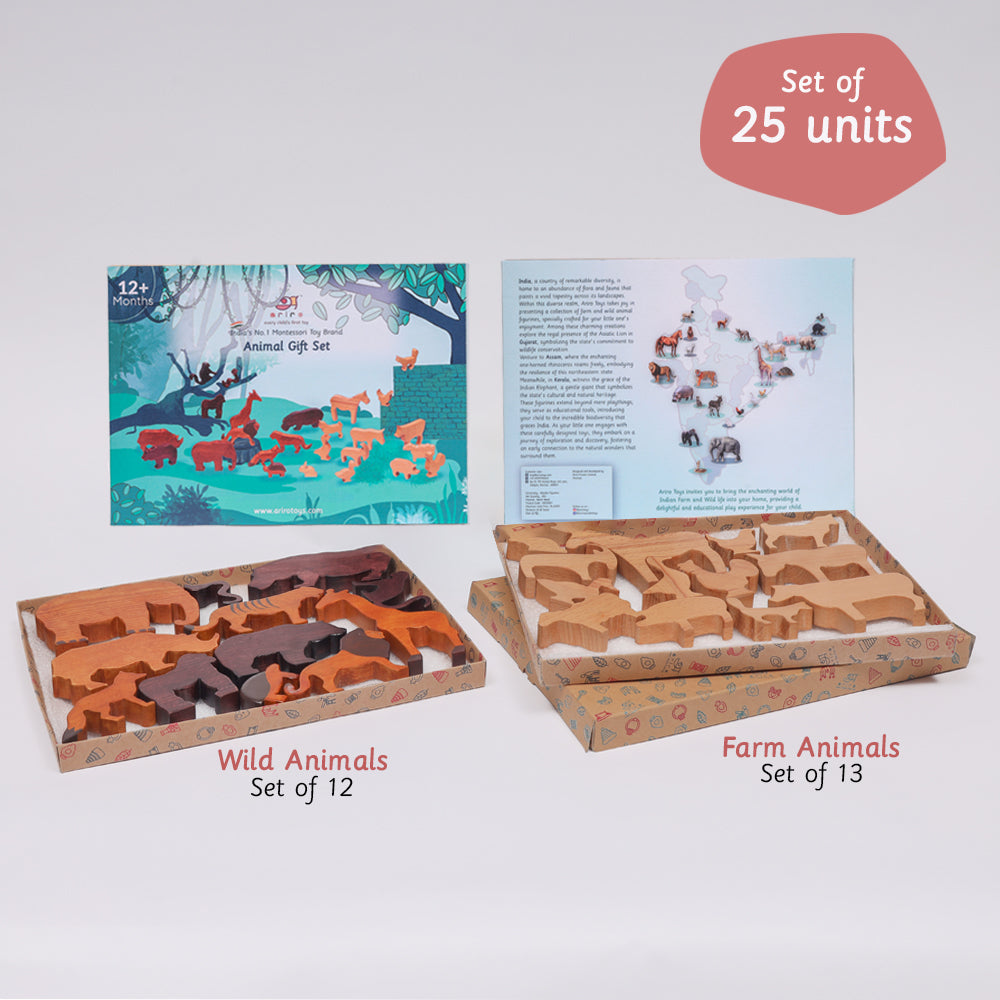 A 25-unit set of handcrafted wooden wild and farm animal figures, packaged with an informational booklet and ideal for imaginative play.