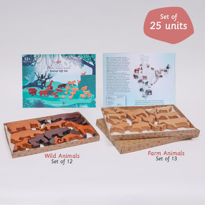 A 25-unit set of handcrafted wooden wild and farm animal figures, packaged with an informational booklet and ideal for imaginative play.