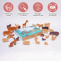 Wooden Animal Gift Set A handcrafted collection of various wooden animal figures Highlighting benefits like improved grip strength and aid in hand eye coordination for children aged 12+ months.