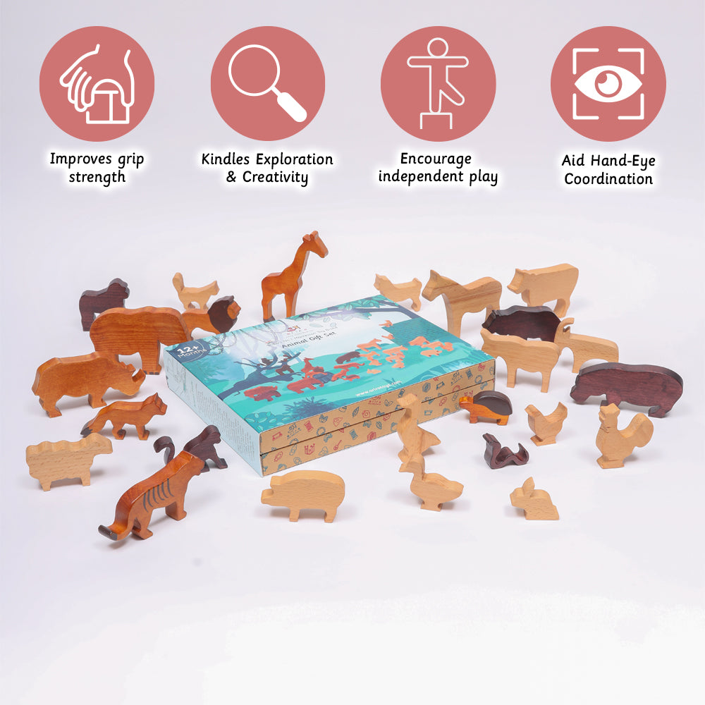 Wooden Animal Gift Set A handcrafted collection of various wooden animal figures Highlighting benefits like improved grip strength and aid in hand eye coordination for children aged 12+ months.