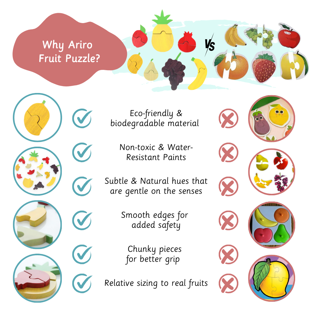 Fruits Puzzle offers a natural, child-safe design that promotes logical thinking and fine motor skills without overwhelming visuals