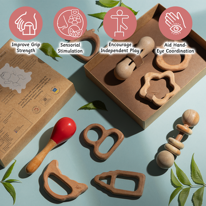 Natural Wooden & Neem Toys  for teething, grasping, and sensory stimulation in babies aged 3 months and up.