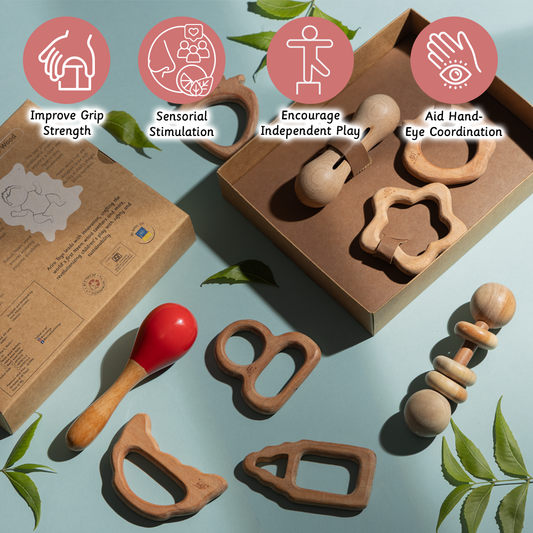 Natural Wooden & Neem Toys  for teething, grasping, and sensory stimulation in babies aged 3 months and up.