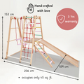 Hand-crafted wooden jungle gym with a 3-year warranty, compact and perfect for safe and stylish indoor play.






