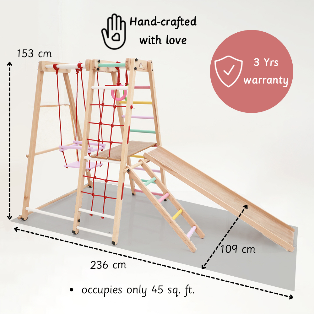 Hand-crafted wooden jungle gym with a 3-year warranty, compact and perfect for safe and stylish indoor play.





