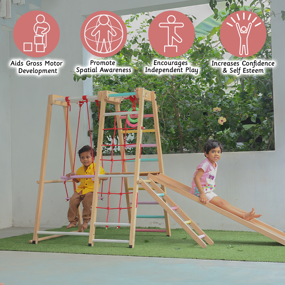 Jungle Gym Ultimate aids gross development . spatial awareness , confidence and encourages independent play