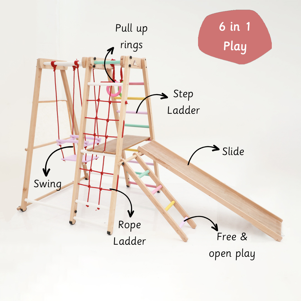 6-in-1 jungle gym featuring swing, pull-up rings, step ladder, rope ladder, slide, and free play area.




