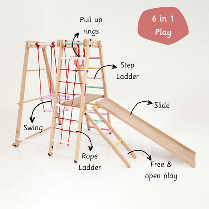 6-in-1 jungle gym featuring swing, pull-up rings, step ladder, rope ladder, slide, and free play area.




