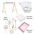 Baby Floor Gym and Essentials  , a wooden gym frame, mull cotton dresses and towel, and a cotton mattress Used for newborn and infant play, comfort, and care.