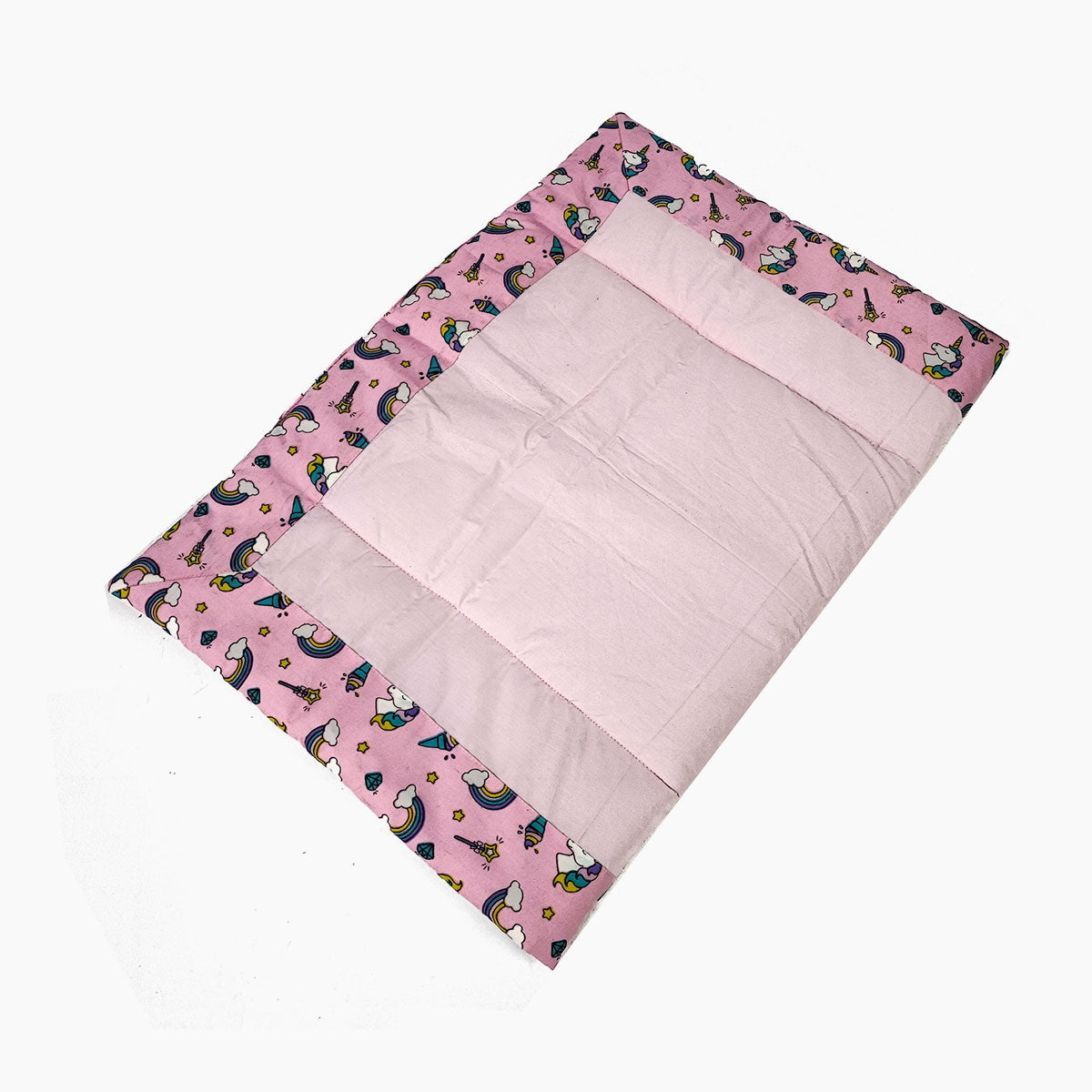  A soft, quilted cotton mattress with a playful animal-print border, providing a comfortable and stylish resting spot for your baby.