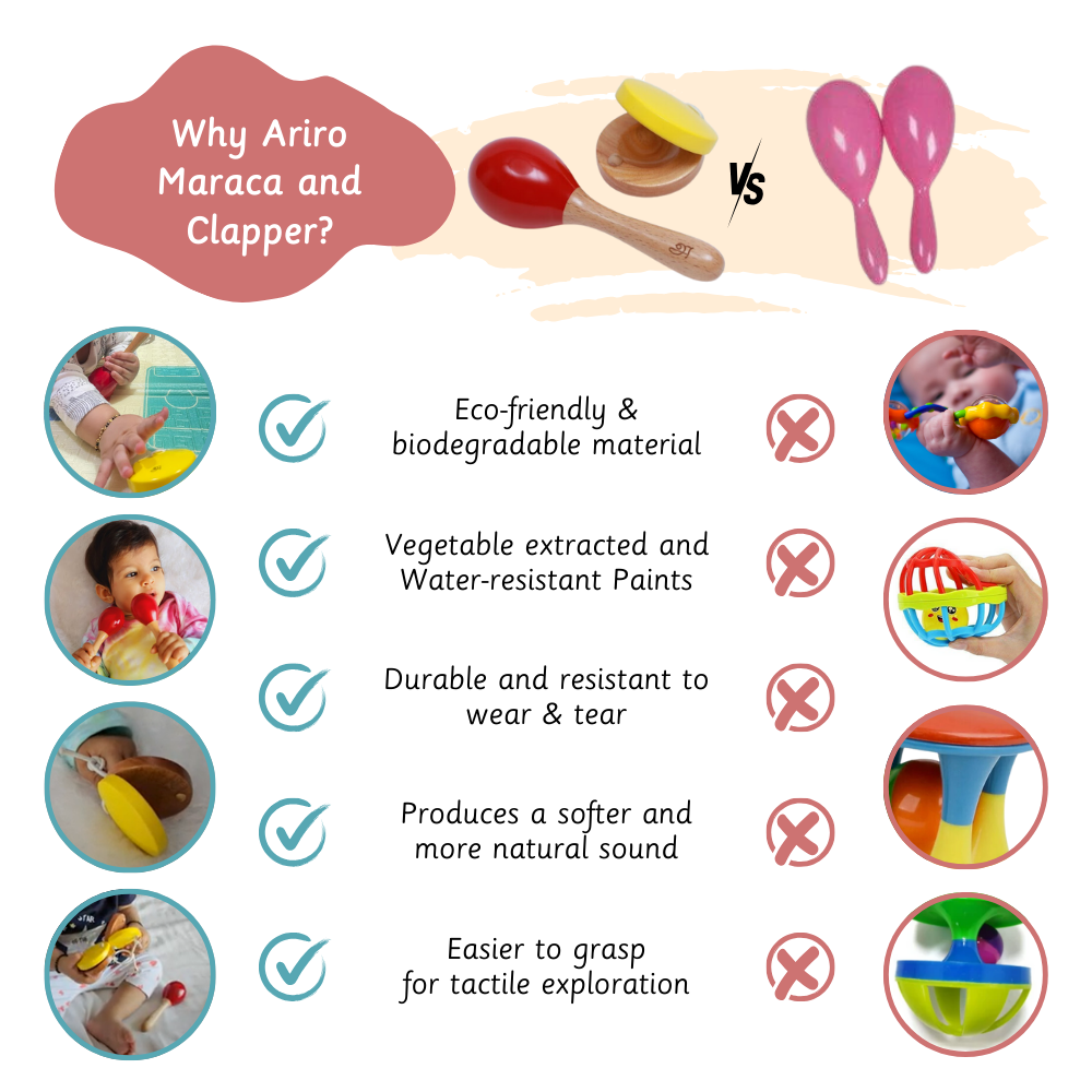 Ariro's Maraca and Clapper is made up of eco-friendly materials, vegetable-based water-resistant paints, greater durability, natural sound quality, and better grip for tactile play that makes it better than plastic clappers 