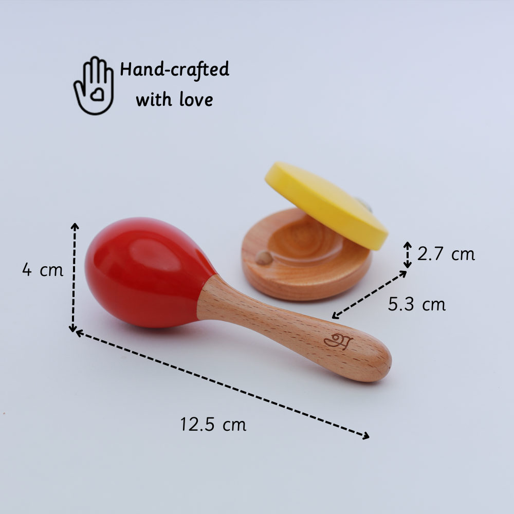 A safe and hand-crafted wooden maraca and clapper toy set, designed perfectly to fit in kids hands  of ages 3 months and above