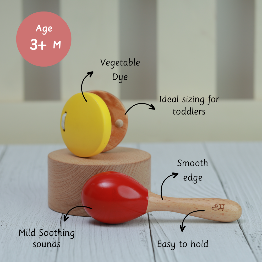 A safe and toddler-friendly wooden clapper and maraca toy set, designed for ages 3 months and above ,made with vegetable dye, smooth edges, and mild soothing sounds.