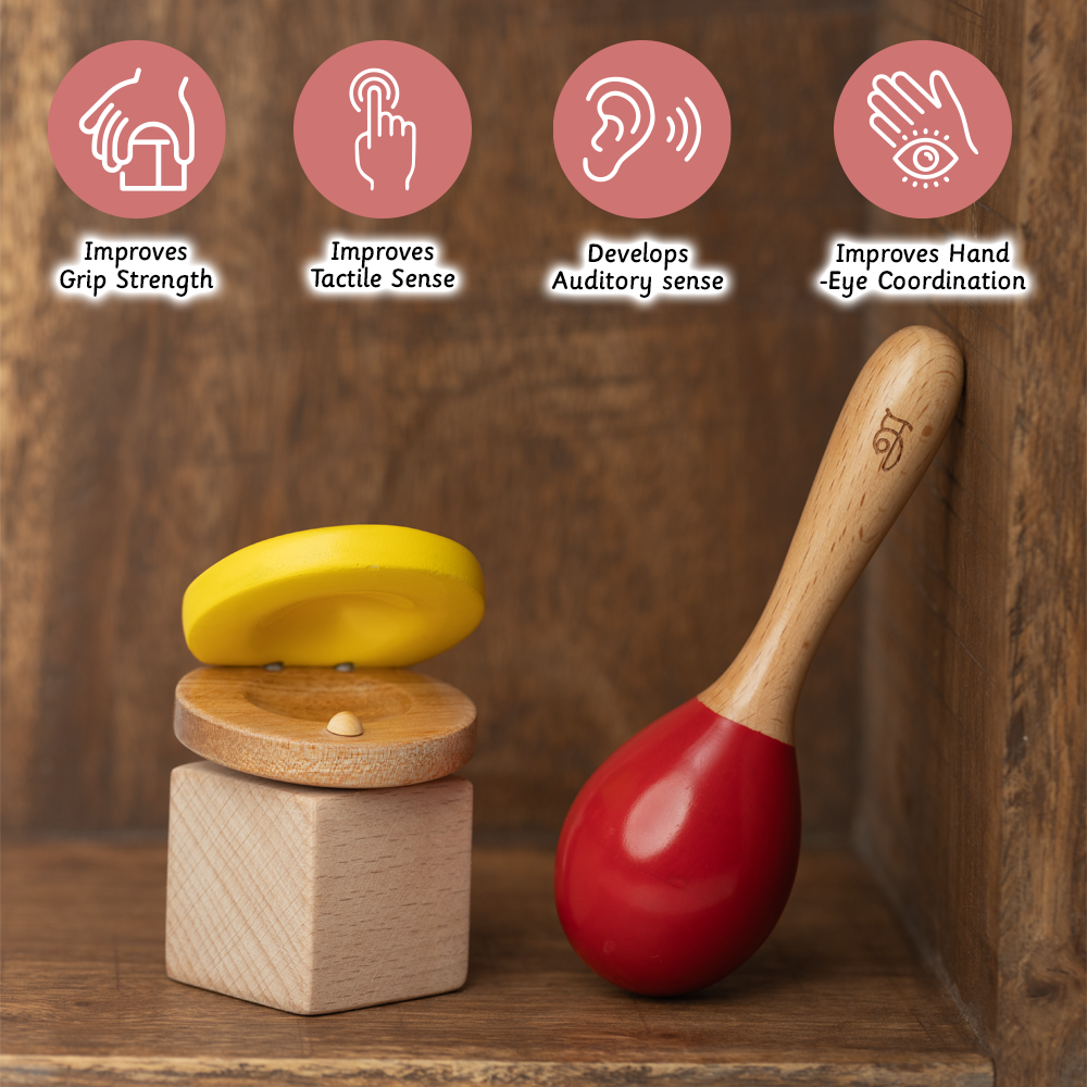 handcrafted marca and clapper helps in early learning and development such as grip strength, tactile senses, auditory and hand-eye coordination of the baby 