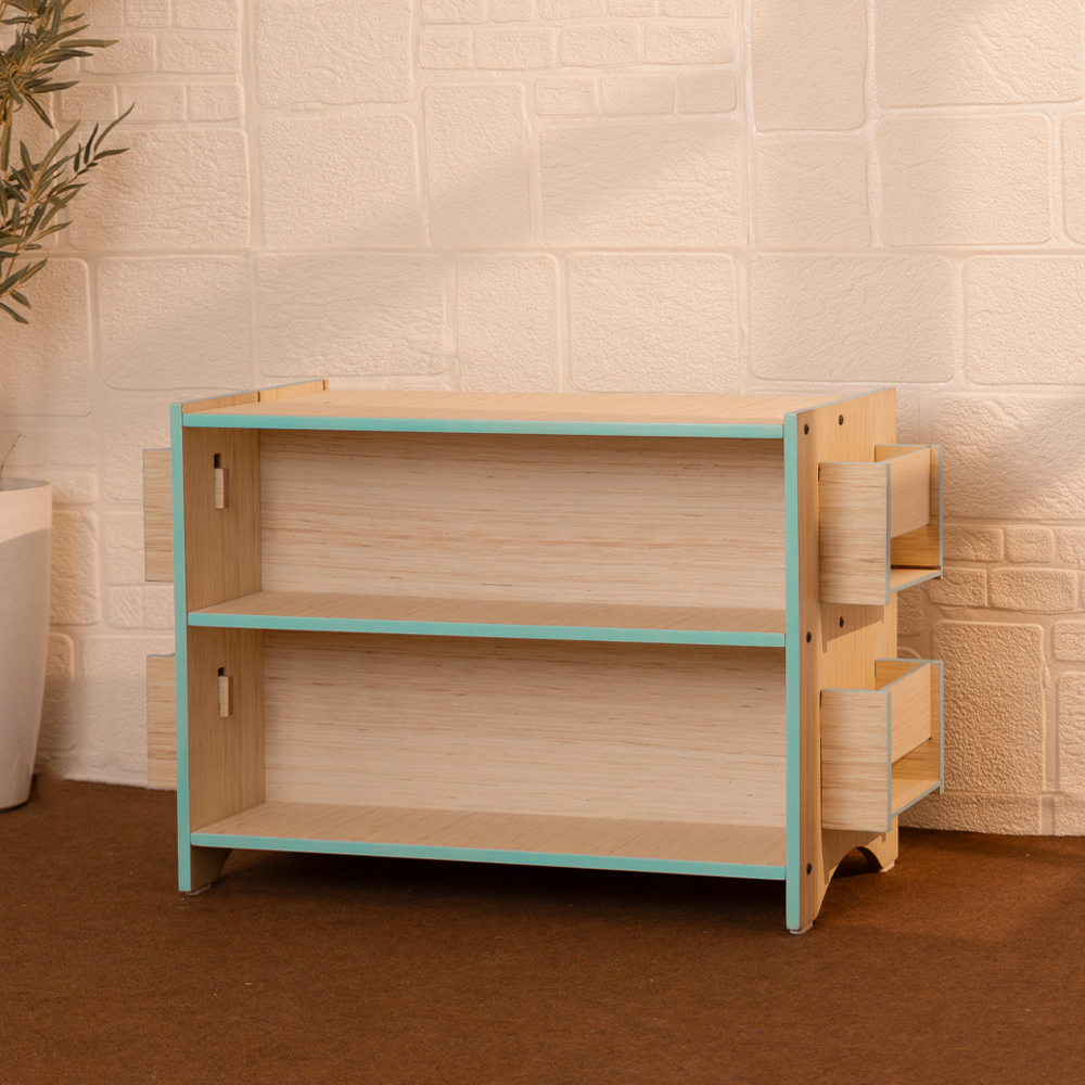 Blue Montessori wooden toy and book shelf for toddlers