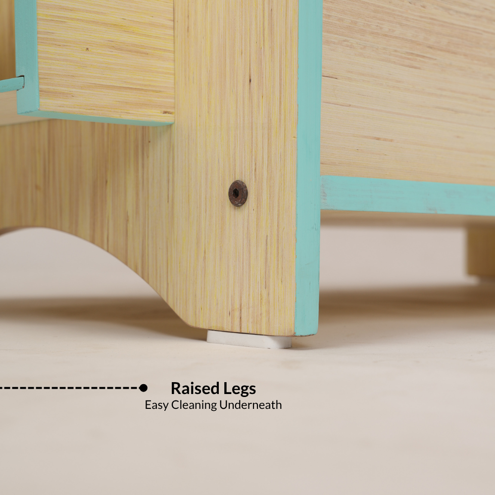 Raised legs on the Montessori shelf for easy floor cleaning
