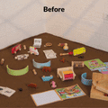 Before and after of a child's space organised with the Montessori toy and book shelf