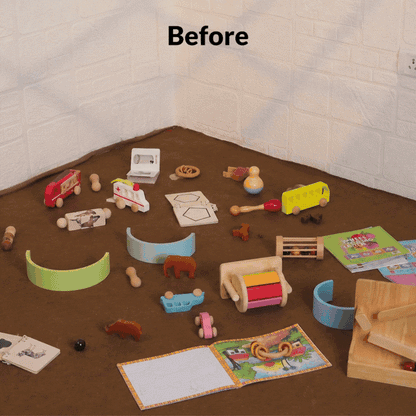 Before and after of a child's space organised with the Montessori toy and book shelf