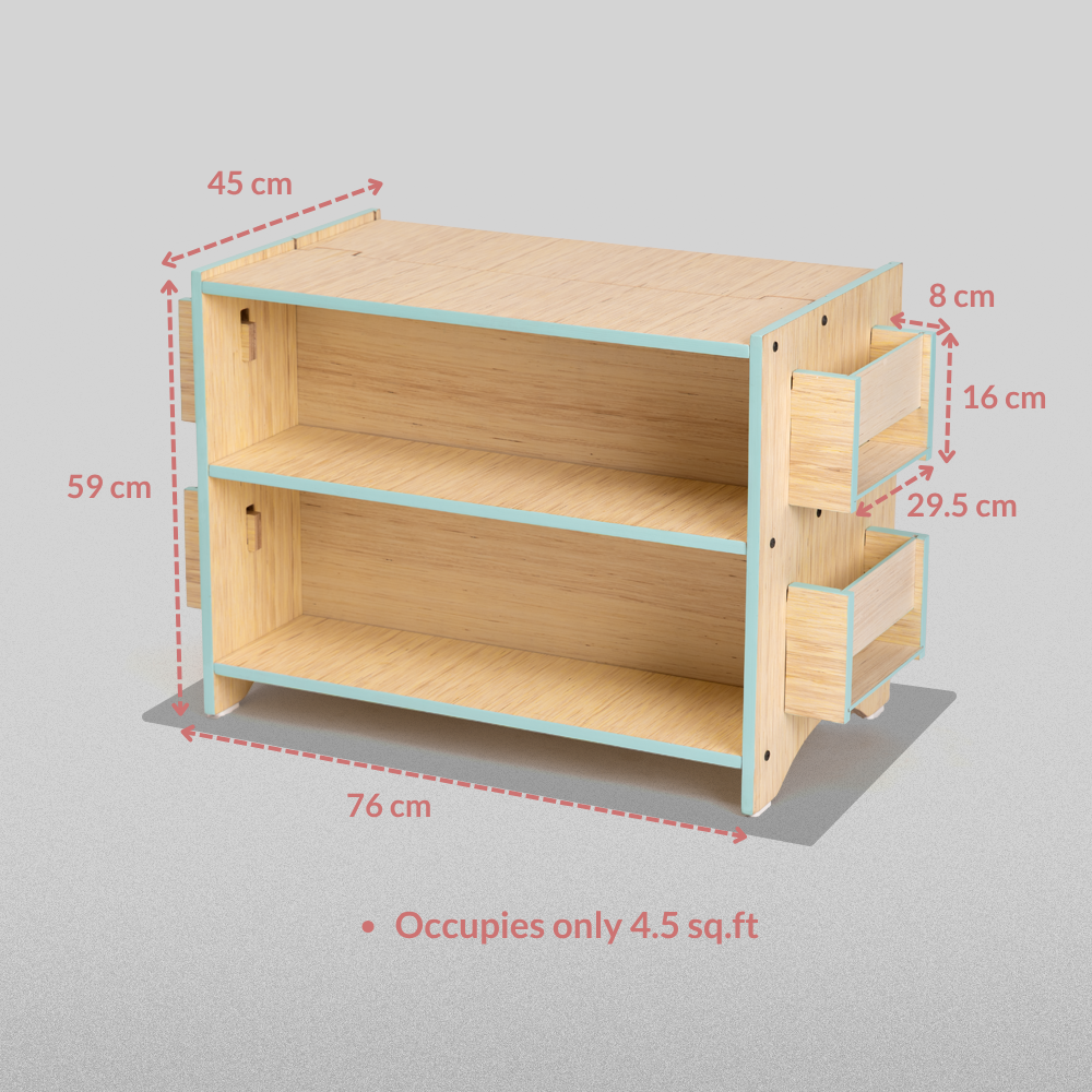 Dimensions of the Ariro Montessori toy and book shelf