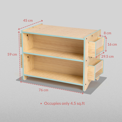Dimensions of the Ariro Montessori toy and book shelf