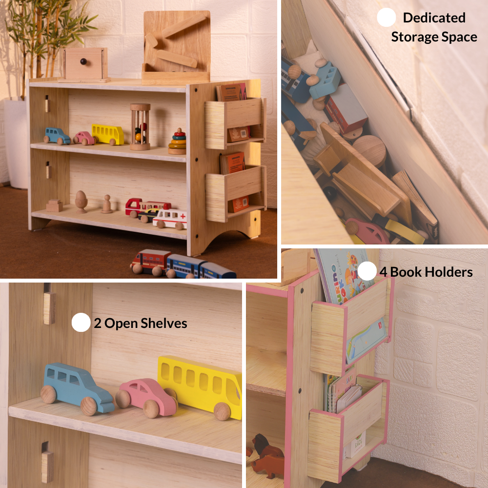 Key features of the wooden Montessori toy and book shelf