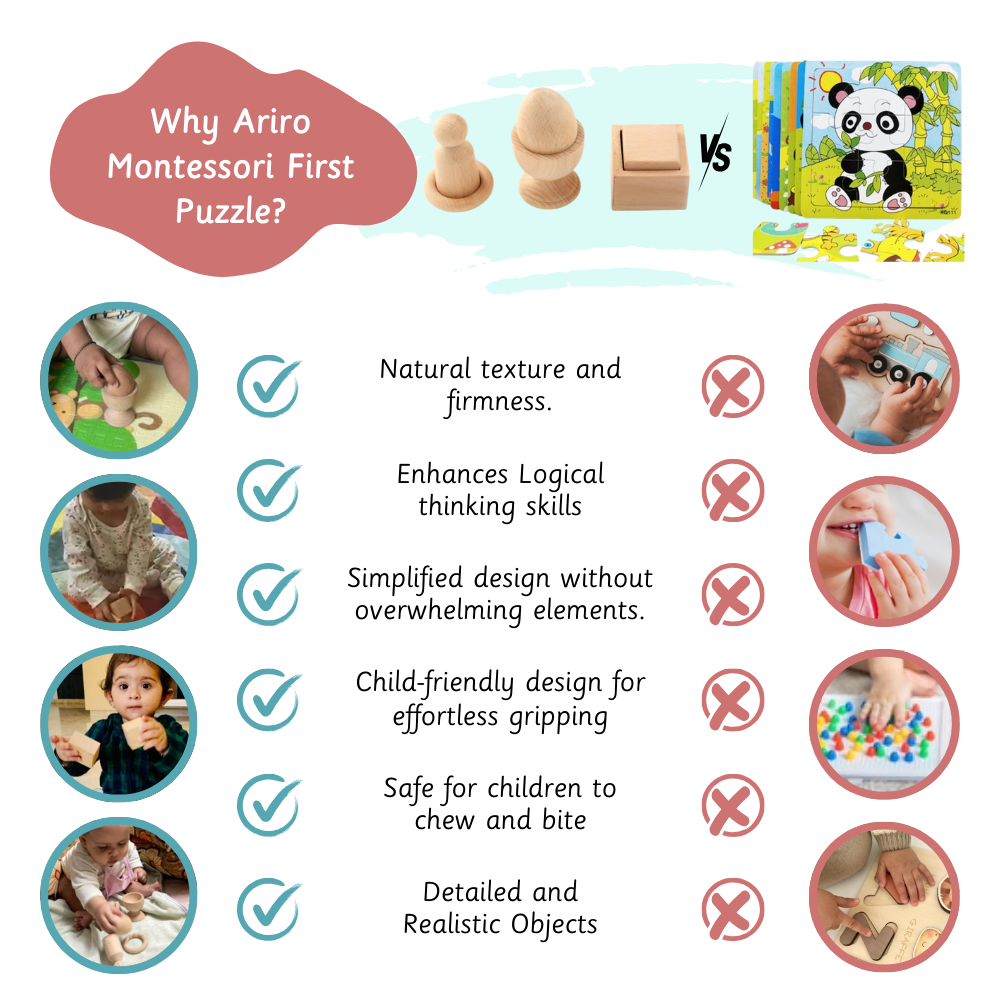 Ariro Montessori First Puzzle offers a natural, child-safe design that promotes logical thinking and fine motor skills without overwhelming visuals
