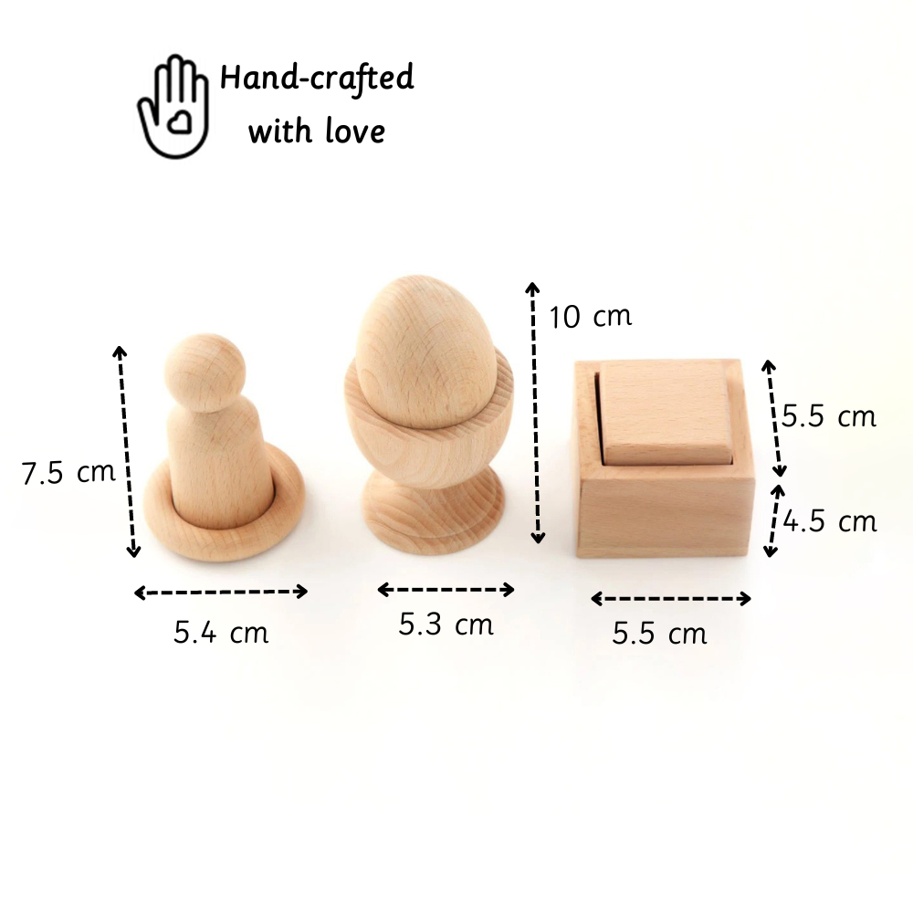  hand-crafted Montessori set with natural wood pieces designed for tiny hands to explore grip, coordination, and early learning through simple, safe play