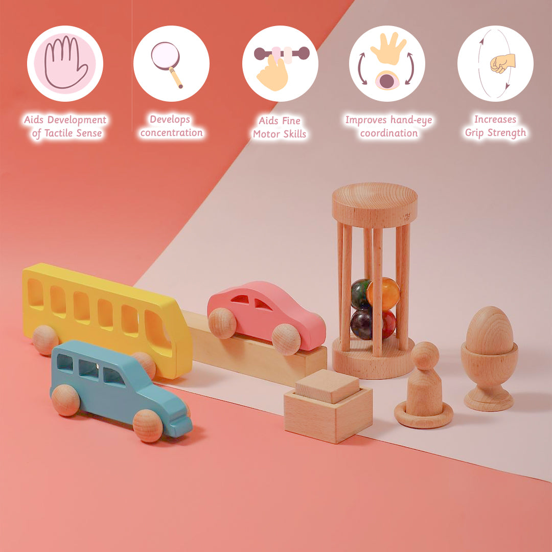 Montessori Kit aids development of tactile sense , concentraion , motor skills , hand eye coordination and increases grip strength 