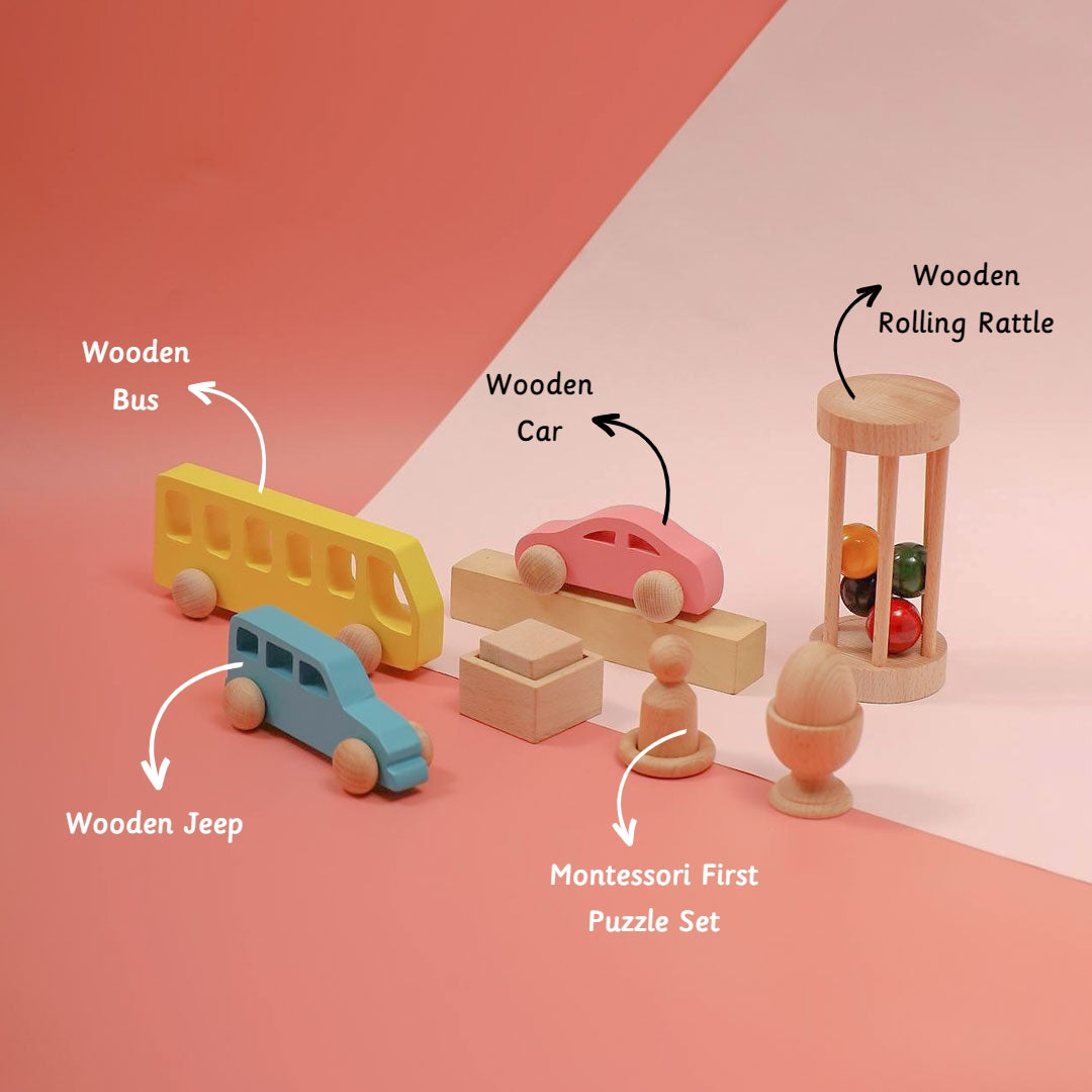 Montessori Kit contains wooden bus , jeep , car , montessori puzzle set and rolling rattle 