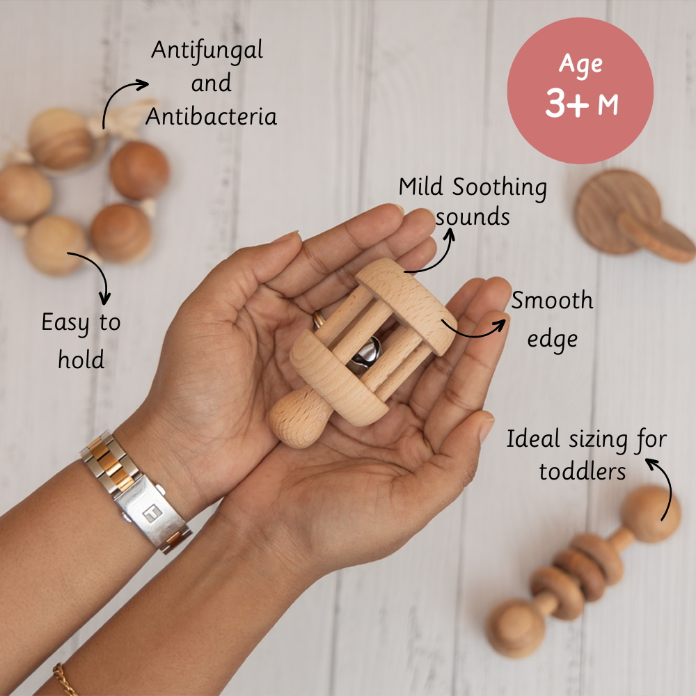handcrafted toys from natural antibacterial wood with smooth edges and mild soothing sound – designed for easy grip and sensory engagement in babies aged 3 months and above.


