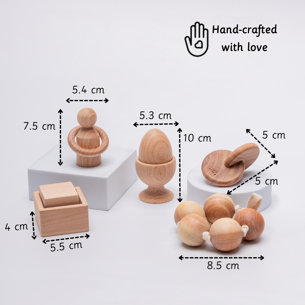  hand-crafted wooden toys with precise measurements – designed for safe, engaging developmental play in infants and toddlers.