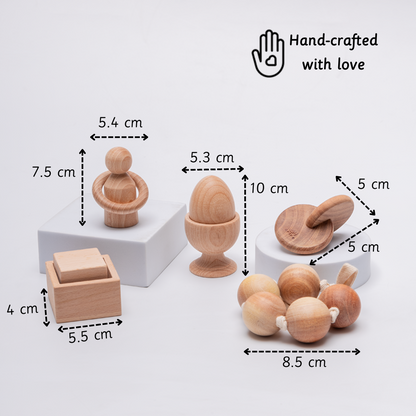  hand-crafted wooden toys with precise measurements – designed for safe, engaging developmental play in infants and toddlers.