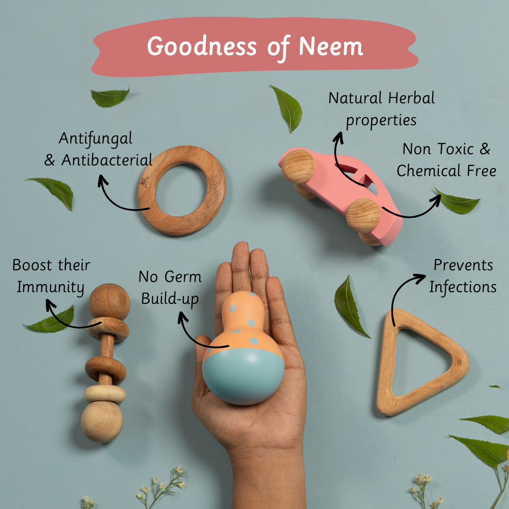 neem early play bundle is made up of non toxic chemical free materials with natural herbal properties which in turn boosts immunity and prevent infections 