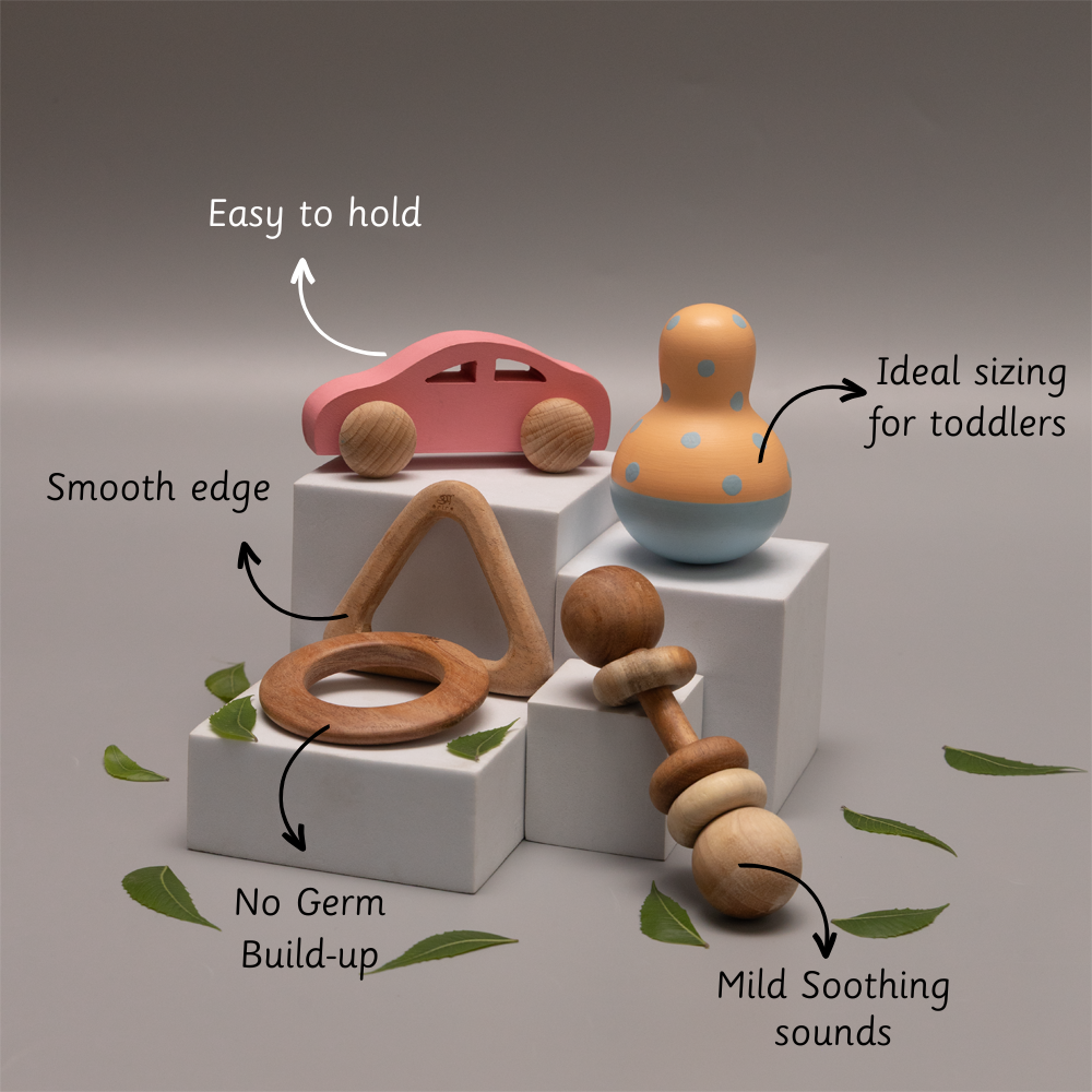 neem early play bundle is hand crafted   with features such as smooth edges, easy grip, no germ build-up, ideal sizing for toddlers, and mild soothing sounds.