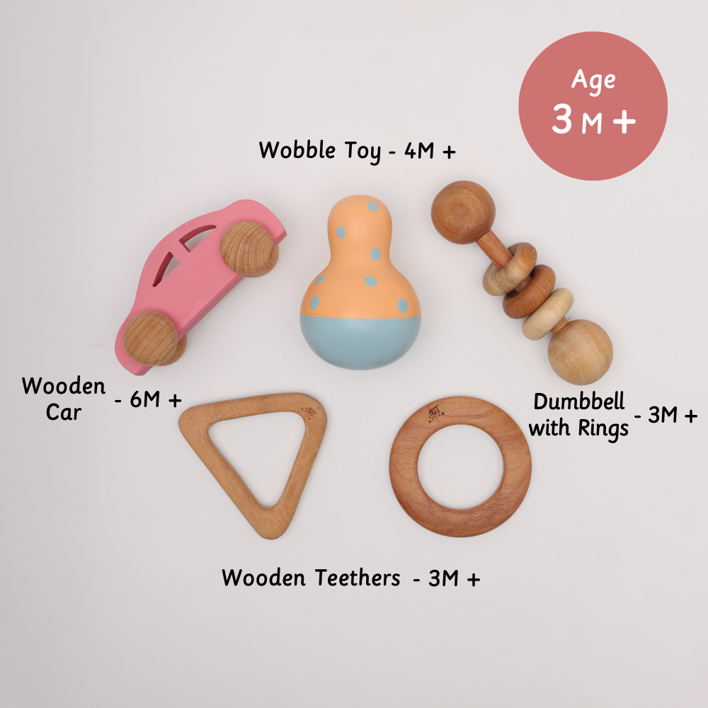 neem early play bundle contains various toys such as wooble toy , dumbell , wooden teethers and wooden car for kids of age 3 months and above