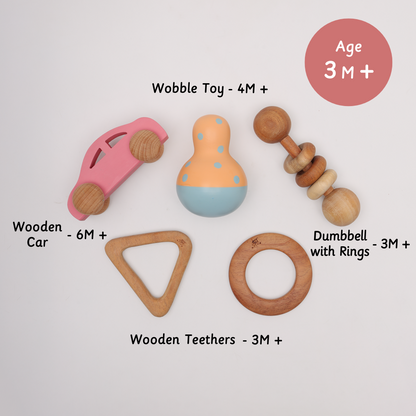 neem early play bundle contains various toys such as wooble toy , dumbell , wooden teethers and wooden car for kids of age 3 months and above