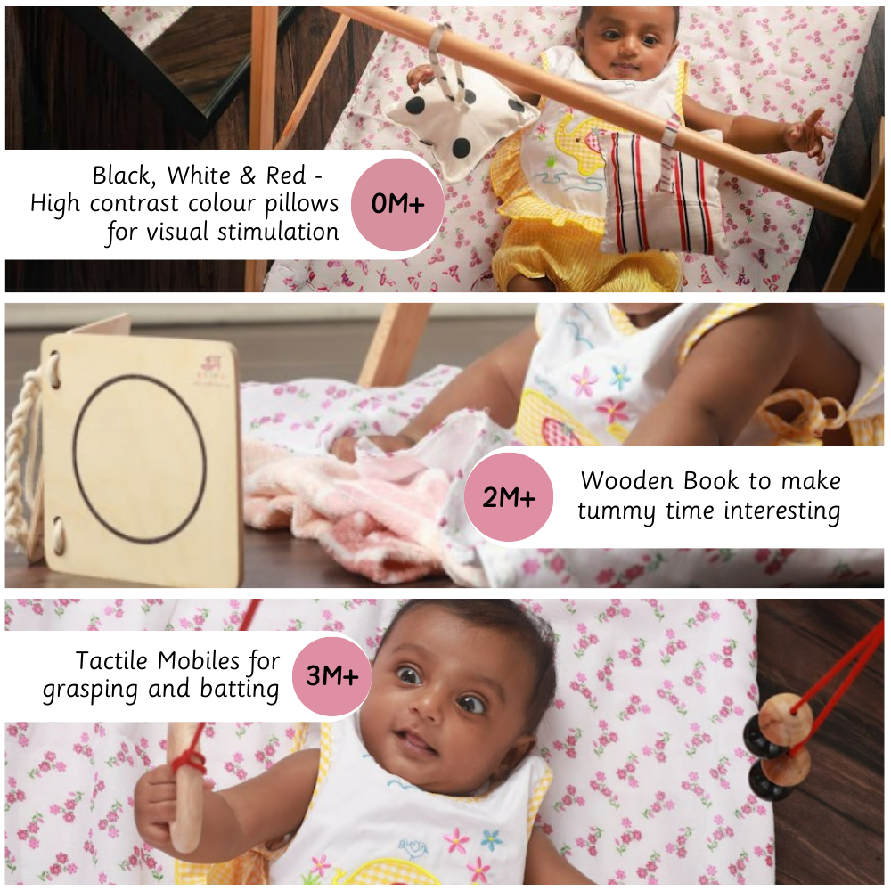 Montessori play gym grows with your baby, offering high-contrast pillows for visual stimulation from birth (0M+), a wooden book to enhance tummy time from 2 months (2M+), and tactile mobiles for grasping and batting from 3 months (3M+).