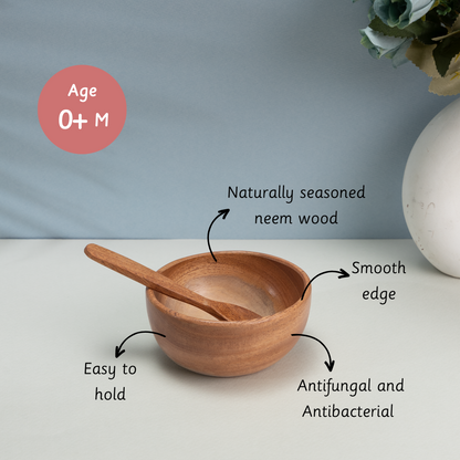 Neem Wood Bowl & Spoon is naturally seasoned neem wood with smooth edge , easy to hold with antifungal and antibacterial elements 