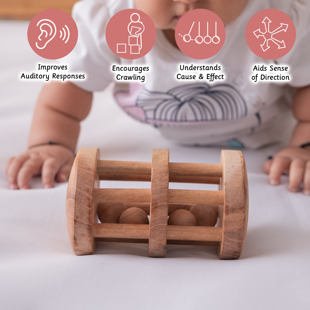 Neem Wood Rattle- Double Decker Boosts auditory skills, promotes crawling, teaches cause & effect, and enhances directional sense.





