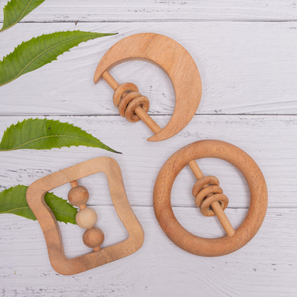 Neem Wood Rattles are antibacterial, easy to grip, durable, bite-safe, and create gentle natural sounds—making them a safer, sensory-friendly 
