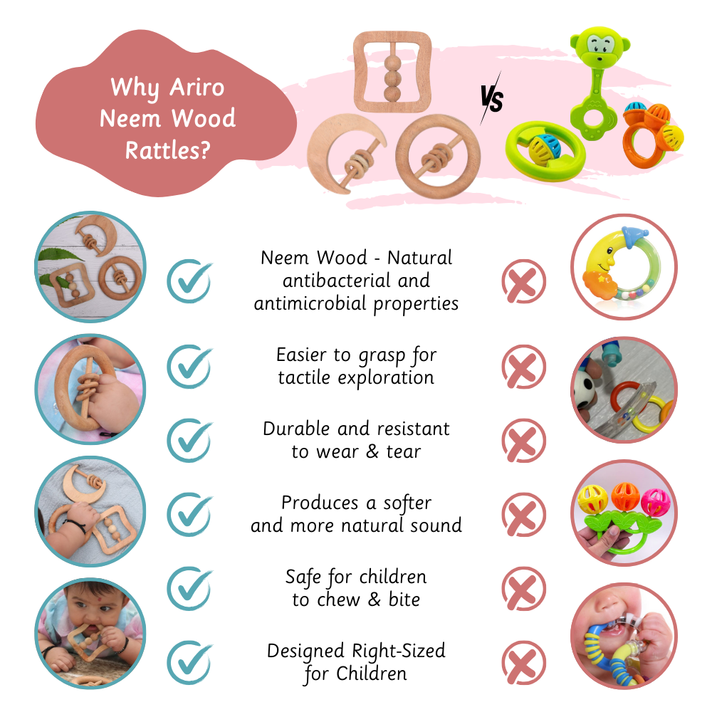 Ariro Neem Wood Rattles are antibacterial, easy to grip, durable, bite-safe, and create gentle natural sounds—making them a safer, sensory-friendly alternative to plastic rattles for infants.