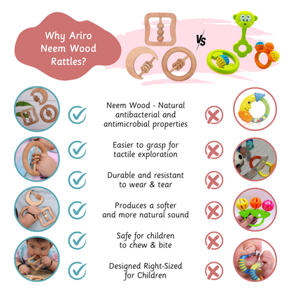 Ariro Neem Wood Rattles are antibacterial, easy to grip, durable, bite-safe, and create gentle natural sounds—making them a safer, sensory-friendly alternative to plastic rattles for infants.
