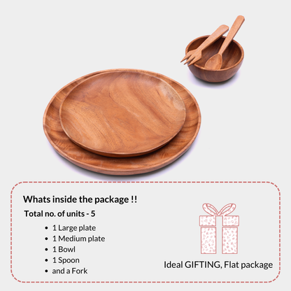 Ariro neem wood baby dinner set package contents including large plate, small plate, bowl, spoon and fork – ideal gifting set.