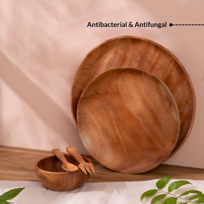 Neem wood baby dinner plates and bowl showing antibacterial and antifungal properties of natural neem wood.
